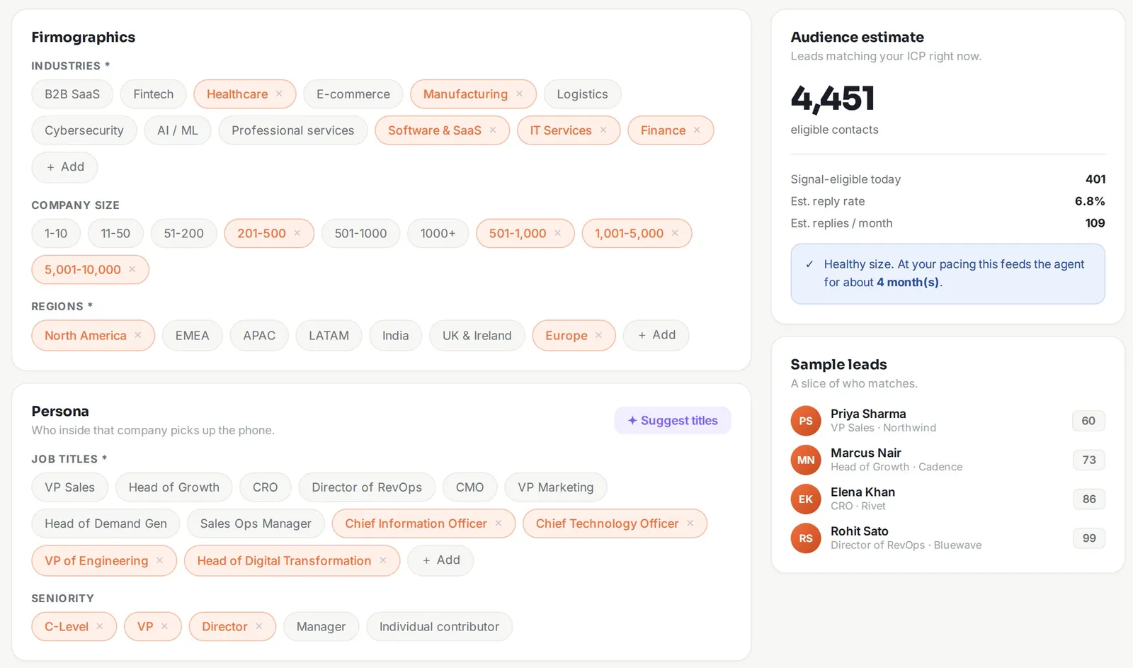 Audience and ICP filters with a live count of matching contacts
