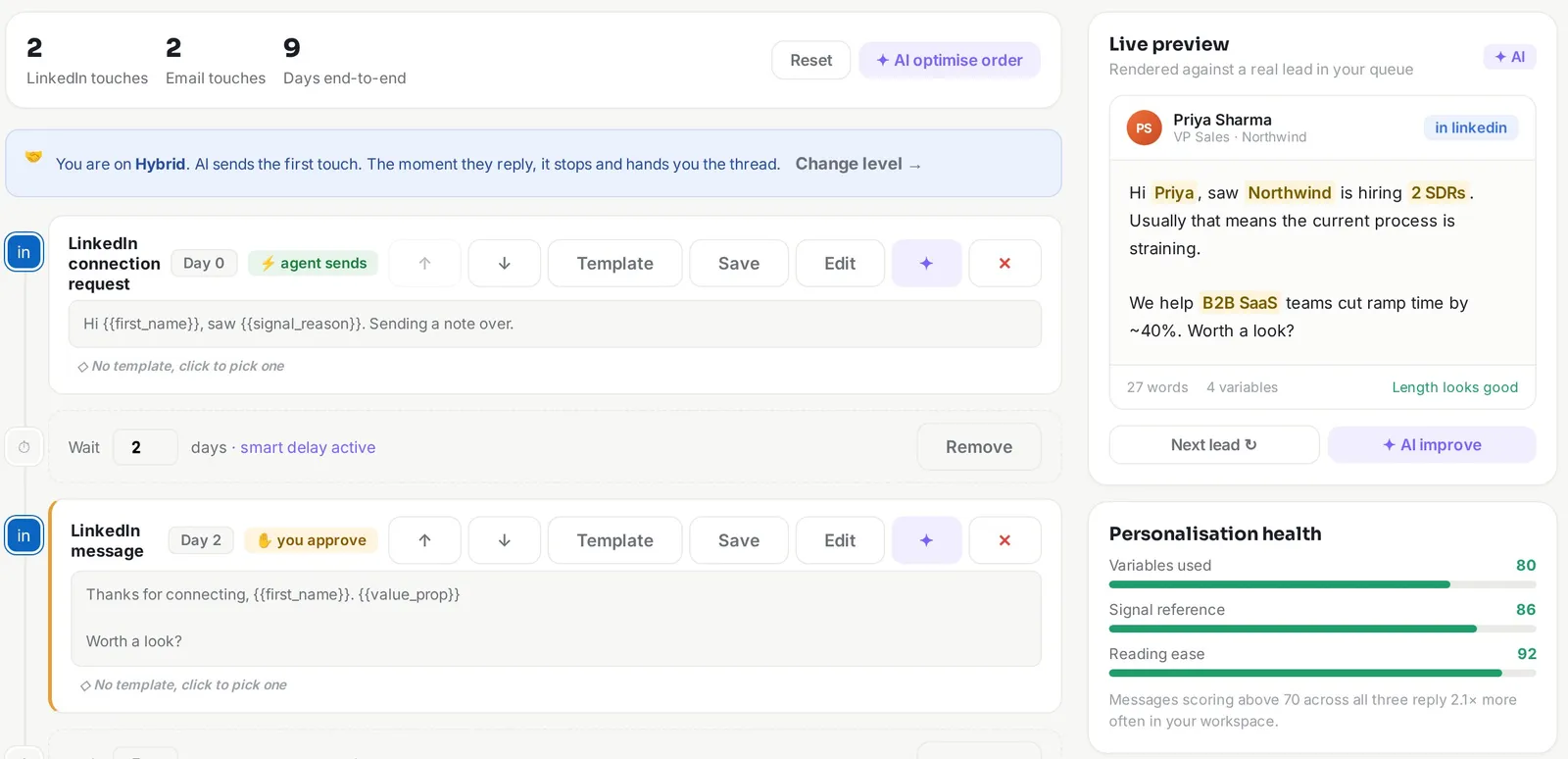 A LinkedIn and email sequence, with a live preview of the opener built from a hiring signal