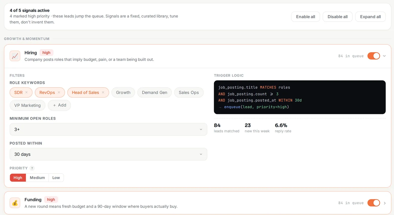 Signals settings for the hiring and funding signals, with filters and trigger logic